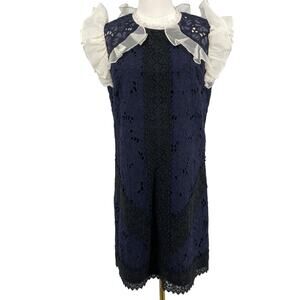 Rebecca Taylor Women's High Neck Ruffle Lace Dress Size 6 Navy Ivory OOAK